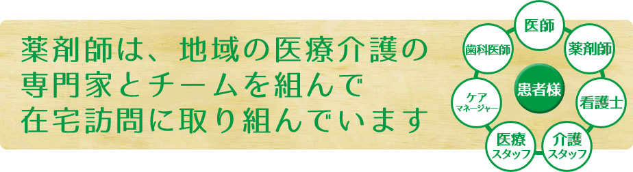 薬剤師は、地域の医療介護の専門家とチームを組んで在宅訪問に取り組んでいます